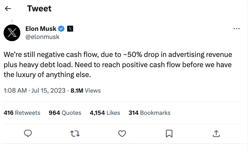 elon tweet about negative cash flow